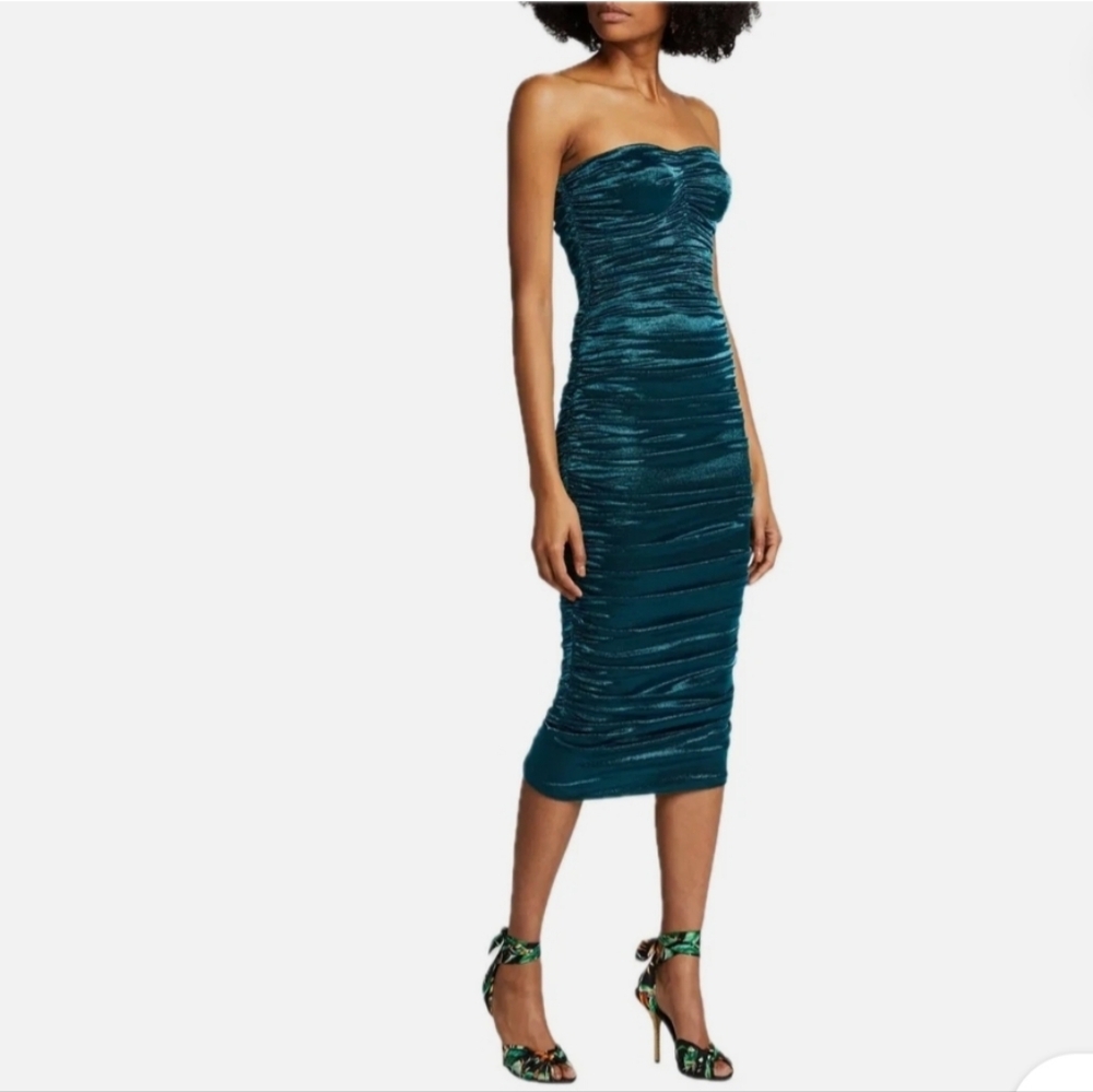 Dolce & Gabbana Strapless Ruched Midi Dress in Deep Teal